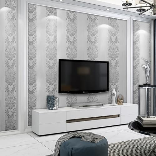 Wetoothi Luxury Metallic Grey Floral Wallpaper for Living Room Quartz Damask Non-Woven Wallpaper Silver Grey Luxury Embossed Flock Textured Victorian Wallpaper for Bedroom TV Background Hallway