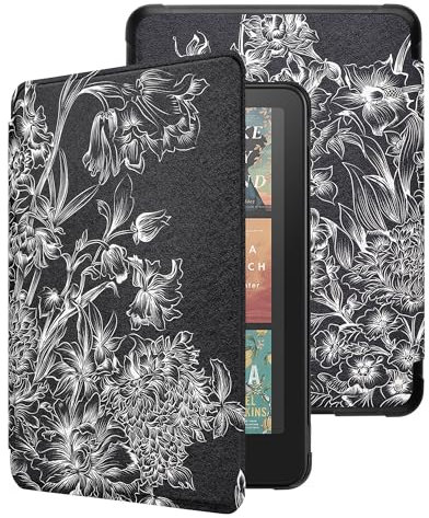 WALNEW Étui pour Kindle Paperwhite 12{^>e<^} génération 2024 et Kindle Colorsoft Signature Edition 7 en similicuir de qualité supérieure avec fonction veille/réveil automatique (fleurs noires)
