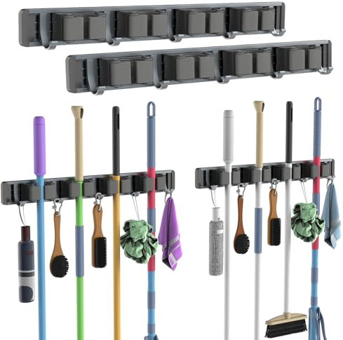 SGUVK 2 Stück Besenhalterung Wand, Gerätehalter Besen Mop Halter mit 4 Halter und 5 Haken, Einstellbar Schwerlast Gerätehalter Organizer Kleber und Nails Installiere für Badezimmer Garage Garten Küche