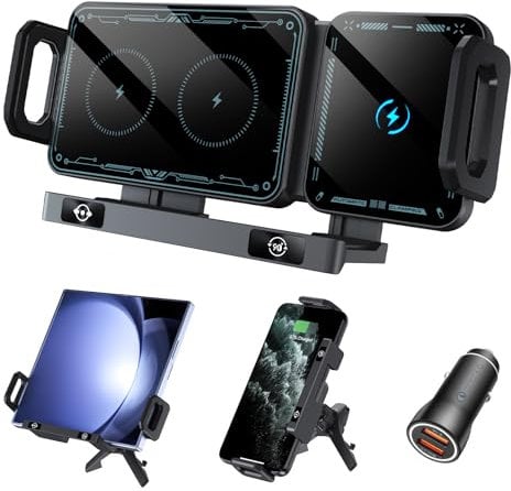 Olycism Mobile Phone Holder Car for Galaxy Z Fold 6 5 4 3 2 with Charging Function 15 W Dual Coils QC 3.0 Fast Wireless Charger Car for Z Fold Can Automatic Rotating Car Mount Wireless Car Chargers