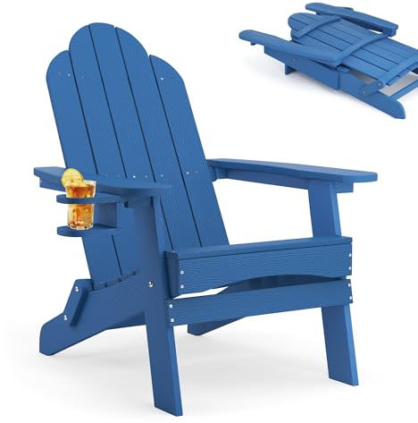 LUE BONA Adirondack Stuhl Klappbar, HDPS Gartensessel, Wetterfest Gartenstuhl mit Getränkehalter, für Garten, Terrasse, Balkon, Blau