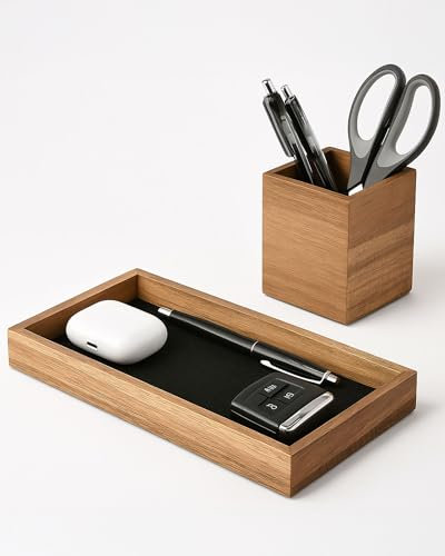 HULISEN Wooden Desk Organizer Tray with Pen Holder, Non-Slip Desk Tray and Pencil Holder Set with Felt Lined, Desktop Accessories for Home Office Workspace Organization