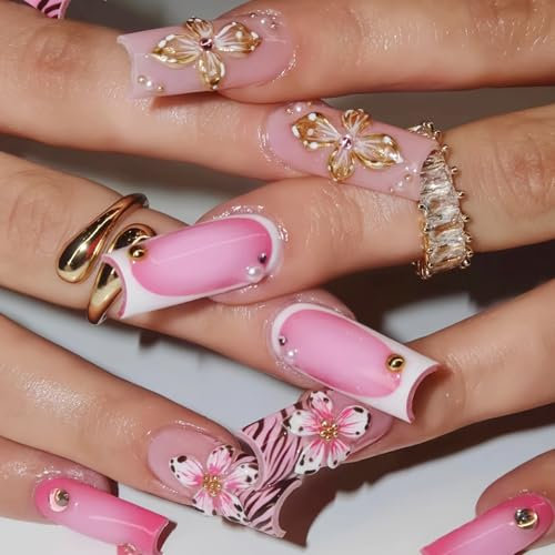Long Coffin Press-On Nails with Jelly Tool – 24pcs Pink Leopard Flowers 3D Glitter Striped Tips, Acrylic False Set for Women, DIY Nail Art Stick-Ons