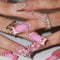 Long Coffin Press-On Nails with Jelly Tool – 24pcs Pink Leopard Flowers 3D Glitter Striped Tips, Acrylic False Set for Women, DIY Nail Art Stick-Ons