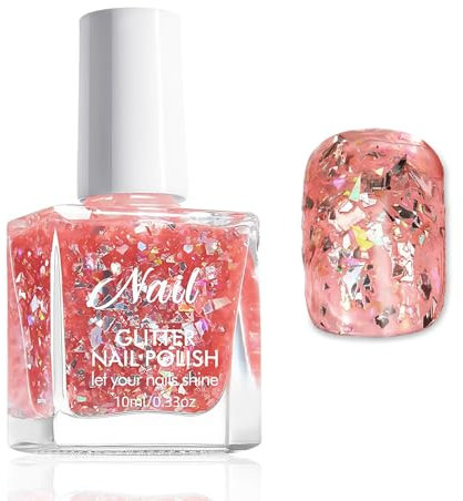 Chunky Glitzer Nagellack Rosa - Ungiftig Nagelack Auf Wasserbasis - Schnelltrocknender Nagellack Ohne UV Lampe - Hochglanz Jelly Nail Polish für Frauen Zuhause Maniküre (Pink, 10 Ml)