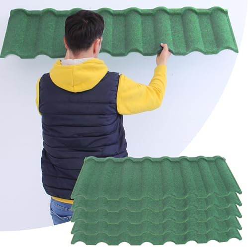 Metal Roof Shingles – Pack of 5 Pcs Covers 29.5 sq ft (2.37sqm) - Corrugated Roofing Tiles - 2mm Thick Galvanised Zinc Stone Coated Sheets, For Homes, Sheds, Canopies with Sloped Roof in Dark Green