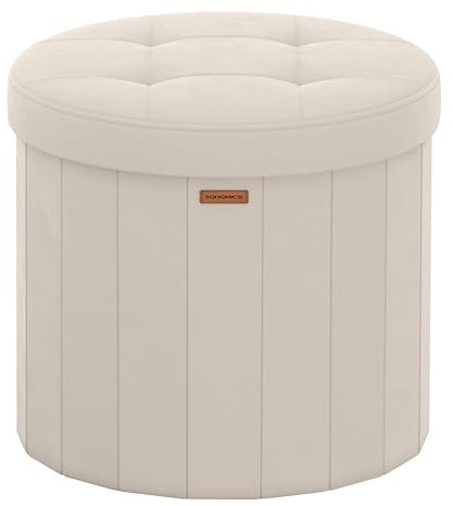 SONGMICS Mazie Kollektion – Sitzhocker rund, Fußhocker mit Stauraum, Faltbarer Hocker mit abnehmbarem Deckel, einfache Montage, Samt, Wohnheim, Schlafzimmer, Wohnzimmer, cappuccinobeige LSF608L01