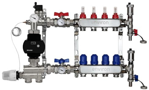 ENVIRON- Heizkreisverteiler [2-12 Heizkreise] mit Festwertregelset, Kugelhahn Set und Schnellentlüfter Set | Hocheffizienzpumpe (Environ Ecocirc 25/6, 4 Heizkreise)