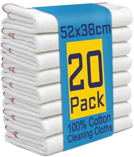 Reusable Jumbo Cleaning Cloths, Dish Cloths for Washing Up 20 Pack, Kitchen Cleaning Cloth, Tea Towels for Kitchen, Extra Large Dish Cloths for Washing Up, Highly Absorbent White (52X38Cm)