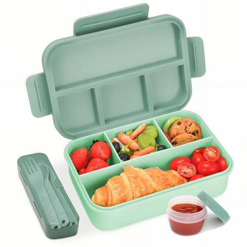 Bugucat Bento Lunch Box 1300ML - Leak-Proof With 4 Compartments, Cutlery for Kids and Adults - Snack Box for School, Kindergarten, Office -Dgreen