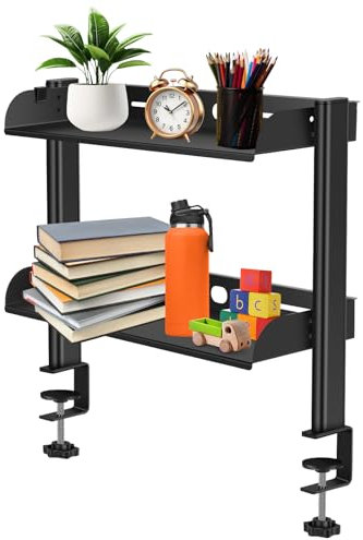 Alongen Clamp On Desk Shelf 2 Tiers,Desktop Clamp Organizer Easy to Install Table Mount Shelf Space Saving Desktop for Office Sturdy Table Accessories