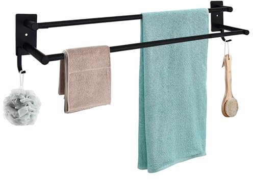 THCTYRP Double barre porte-serviettes en acier inoxydable | Autocollant sans perçage avec 2 crochets | 70 cm résistant aux rayures pour salle de bain, douche, cuisine (noir)
