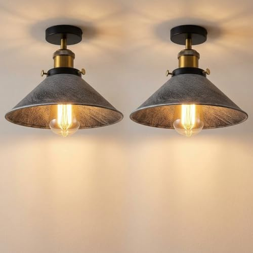 LEDSone Pack of 2 Vintage Industrial Ceiling Lights with Metal Cone Shade E27 Semi-Flush Mount Lighting Fixture for Farmhouse Kitchen Hallway with Bulb