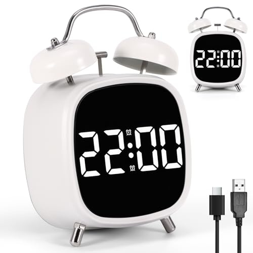 Wecker Digital, LED Nachttischwecker Digital Doppelglockenwecker Weiß mit großer Ziffernanzeige Lauter Alarm ohne Ticken USB Wiederaufladbar & Batteriebetrieb Schlummerfunktion für Tiefschläfer