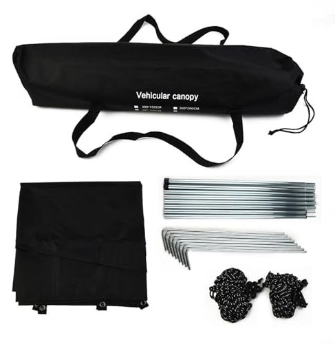 Violiica Motorhome Van Campervan SUV Sun Canopy Awning Waterproof Shelter With Adjustable Poles Side Door Coverage 210D Fire Retardant Fabric Black