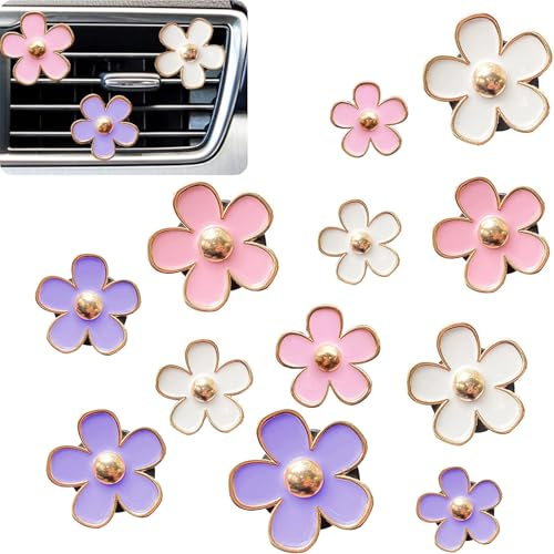 Teouuas 12 Stück Gänseblümchen Blume Auto Lufterfrischer Clip, Auto Deko | Mädchen Aromatherapie ätherisches öL Diffusor, Auto Zubehör Innenraum Frauen, für Büro Zuhause (3 Farbe)