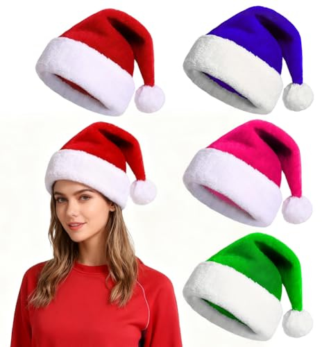 JynxtoyZeal 4 Pcs Gefütterte Plüsch Weihnachtsmütze Bequeme Weihnachtsmütze Warme Nikolausmütze Klassische Nikolausmütze Enthält Rot, Pink, Lila und Grün Ideales Weihnachts Party Zubehör