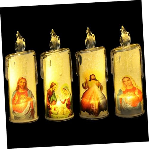 MALUGOGO 4 Stück LED elektronische Jesus-Kerzenlampen für religiöse Massenzeremonien, Kunststoff, flammenlose Heilige Nacht Kerzenlichter für Weihnachten, Ostern, Party-Dekorationen und Geschenke ohne