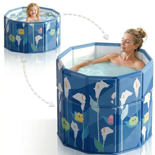 Faltbare Badewanne Blau 70 cm, Faltbarer Rand Step-in Eingang für Senioren & Kinder, nach innen klappbar, tragbare Eisbadewanne & heißes Bad, klappbarer Badewannen, tragbare Badewanne für Erwachsene