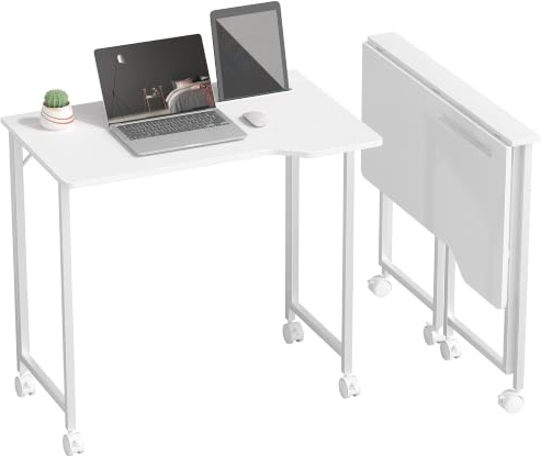 HOMCOM Small Folding Desk on Wheels for Small Space 80 cm White Wood Effect | Foldable Computer Desk, Space Saving Writing Table, Device Slot, Home Office, Bedroom, Easy Assembly