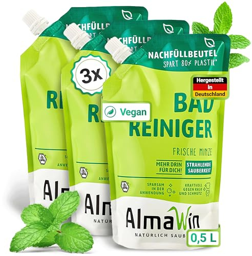 AlmaWin® Bad Reiniger Nachfüllbeutel [3x 500ml] für strahlende Sauberkeit - Badreiniger Spray mit Pfefferminz-Duft - Badezimmer Reiniger - Effektiv gegen Kalk & Schmutz - Extra Stark, Bio & Vegan