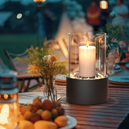 2 IN 1 Windlichter Indoor Tischkamin Rund Tischfeuer Terrasse Feuersäule Outdoor Windlicht säule mit Dekostein Kerzenständer Schwarz Glaszylinder für Kerzen für Weihnachten Neujahr Familienfeiern