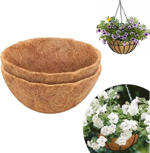 Pouway Hanging Basket Liner - Round Planter Liner for Hanging Basket, Natural Coco Fiber Replacement Liners, for Plant Flower Growth, Flower Pots in the Balcony Garden (2 PACK, 14'')