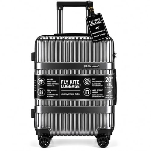 Fly Kite Luggage Carry On Cabin Suitcase 55 x 34 x 24 cm, 20 inch - PC+ABS Hard Shell Aluminium Trolley Handle Real TSA Secure Lock 3 Digit 360° Smooth Wheels Lightweight Grey