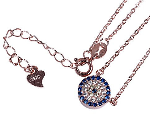 TONGZHE Blue Round Evil Eye Pendant Necklace Sterling Silver 925 Cubic Zirconia Chain 16in+2in Ext.[Rose Gold]
