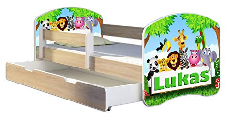 Kinderbett Jugendbett mit einer Schublade und Matratze Sonoma mit Rausfallschutz Lattenrost ACMA II 140x70 160x80 180x80 (01 Zoo name, 180x80 + Bettkasten)