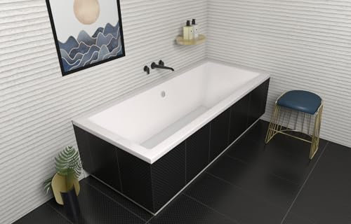 ECOLAM® Badewanne Wanne Rechteck Quadro Design Acryl weiß 165x75 cm + Styroporverkleidung zum Verfliesen + Ablaufgarnitur Ab- und Überlauf Automatik Füße Silikon Komplett-Set