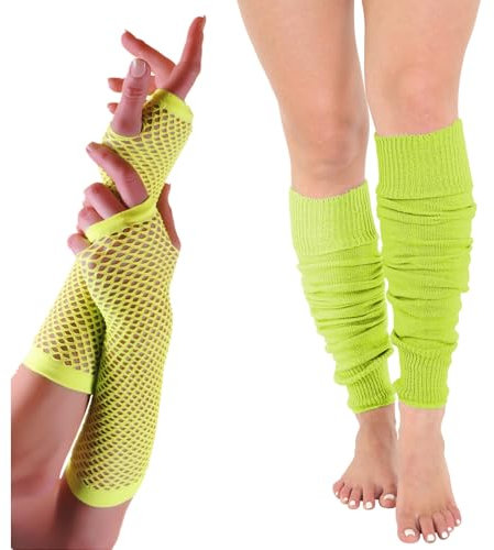 FNA FASHIONS Women’s Neon Fishnet Gloves & Leg Warmers – 80’s Fancy Dress Accessories for Hen Party, Rave – Long Fishnet Gloves & Knitted Leg Warmers for Dance, Retro Outfits (Yellow, One Size)