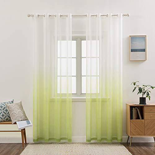 MIULEE Gardinen Transparent Vorhänge Farbverlauf Voile Sheer 2er Set Vorhang mit Ösen Dekoschal Fensterschal für Schlafzimmer und Wohnzimmer 160 cm x 140 cm(H x B) Weiß Grün