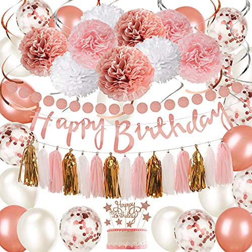 Rose Gold and Pink Birthday Party Decorations Set with Happy Birthday Banner,DIY Cake Topper,Circle Dots Garland,Hanging Swirls,Tissue Paper Pompoms,Paper Tassels Garland,Confetti Balloons