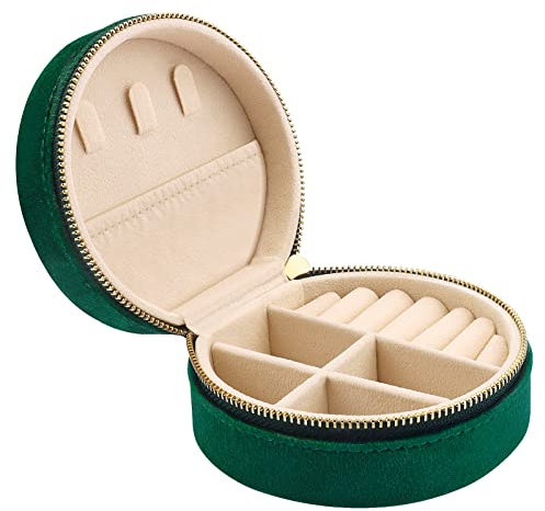 Casiwaft Mini portagioielli da viaggio in velluto, portagioie da viaggio organizer per ragazze e donne, portagioielli piccoli per anelli, orecchini, collane, bracciali, Verde scuro