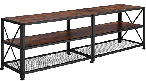 tectake® TV-Schrank, Lowboard für Fernseher bis zu 60/70 Zoll, 141/161 cm, Industrie-Design, Fernsehtisch mit offenen Ablagen, Holz, schwarzes Metallgestell (Industrial Dunkelbraun, 161 cm)