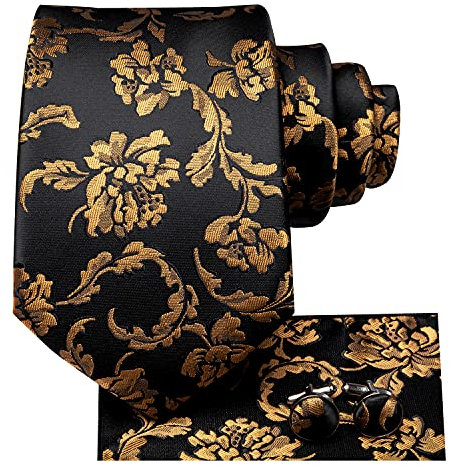Hi-Tie Herren Krawatten-Set, Einstecktuch und Manschettenknöpfe, in Geschenkbox, silberfarben/Schwarz/Grau, 178 cm (70 Zoll), Schwarz /, XL