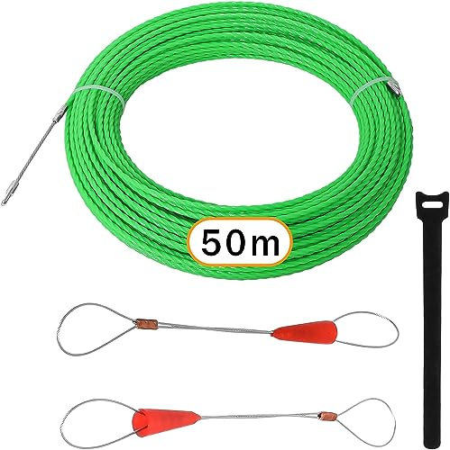Gekufa Kabeleinziehhilfe 50m, 4,5mm Zugdraht, mit 2 Führungsfedern Einziehfeder,Zugdraht für Leerrohre, Einziehspirale für die Kabelverlegung(Grün)