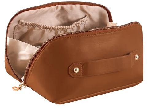Garsumiss Trousse de Toilette Femme PU Cuir Grande Trousse à Maquillage Voyage Imperméable Cosmétique Organisateur avec Poignée et Séparateur,Multifonction(Marron)