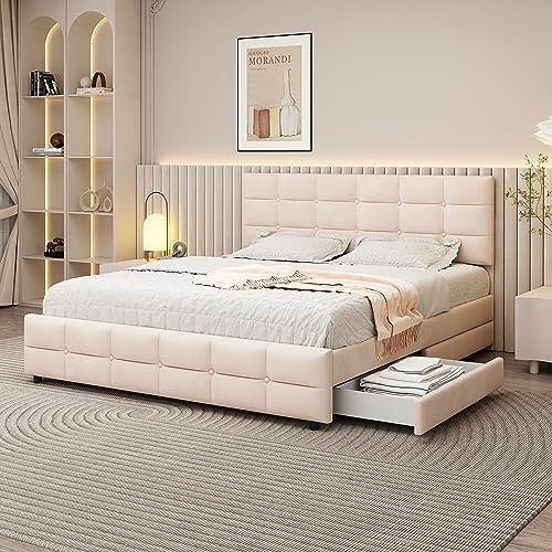 I0I&I0I Premium Polsterbett 180 x 200 cm mit 4 Schubladen & Lattenrost - Hochwertiges Doppelbett aus Samtstoff - Ideal für Erwachsene & Jugendliche (Beige)