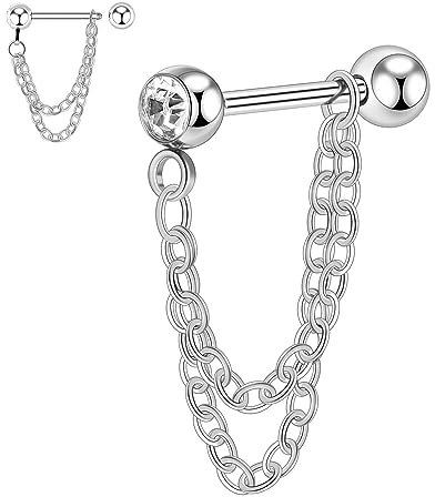 hengkaixuan 16G Helix-Ohrring Piercing, Silber, 5 Gramm, Doppelkette Einzelbarren, 316L Edelstahl, 10 mm Barbell, Implant Grade, Unisex