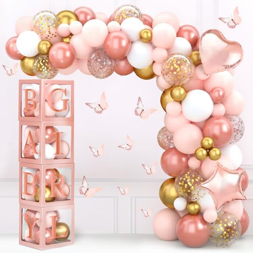 Palloncini Oro Rosa Decorazioni Compleanno, Arco Palloncini - Palloncini Rosa Gold e Bianco, 4 Pcs Scatole Baby Shower(A-Z,Baby), Arco a Palloncini per Battesimo Bimba, Birthday Girl, Nascita Bambino