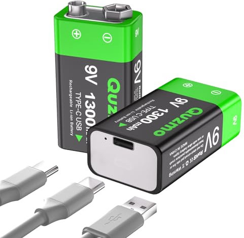 Piles 9V Rechargeables, 1300mAh Lithium-ION 9 Volt Piles Carrées Recharge USB-C avec câble de Chargement 2 en 1 pour Détecteurs de Fumée, Multimètres, Lot de 2