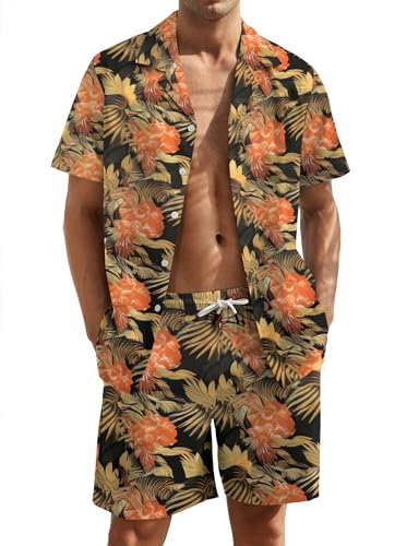 Atforna Hawaii Hemd Männer Hemd Herren Freizeithemden Kurzarm Mallorca Party Outfit Festival Sommer Hemd Unisex Hawaiihemd Aloha Shirt und Shorts Schwarz Floral L