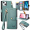 VEEMOS Zipper Wallet Case for Apple iPhone 13 Mini Phone Case with Purse Card Holders RFID Blocking Leather Flip Case Book Cover Wrist Strap Women - Green