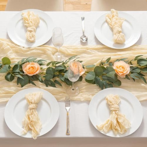 SXUUXB Beige Tischläufer Boho Deko,90 x 300cm Musselin Decke Seihtuch Tischläufer,Käsetuch Tischdeko,Tischdecke für Verlobung,Hochzeit,Taufe,Gartenparty