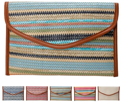 CXINLky Summer Straw Clutch Women's Ethnic Style Striped Straw Wrist Boho Basket Weave Purse Beach Straw Handbag Clutch Bag, blue