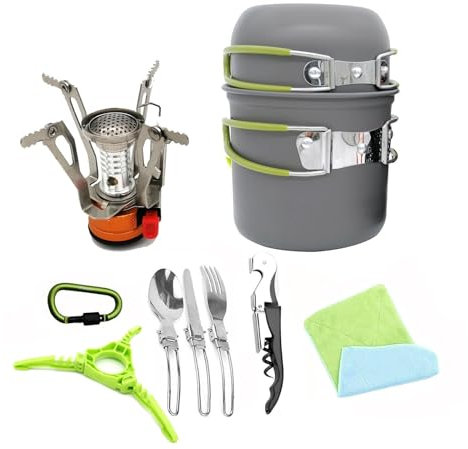 Batterie De Cuisine De Camping 10 Pièces Avec Réchaud De Camping Pliable, Adaptée Aux Ustensiles De Cuisine De Camping Et De Randonnée(Color:Greenhandle)
