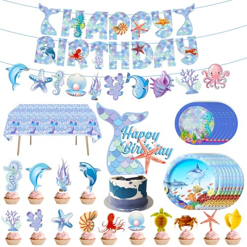 Mulaibdin 61 Pz Decoracion Cumpleaños Sirena, Platos y Temático para Cumpleaños, Decoracion Tartas Cumpleaños, La Sirenita Vajilla Desechable, Decoracion Cumpleaños Infantil Sirena