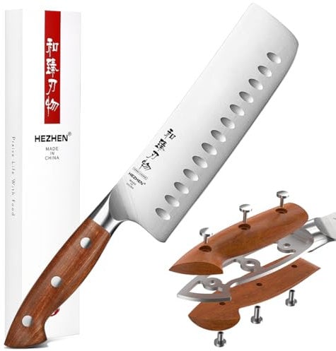 HEZHEN Cuchillo Nakiri de Acero Inoxidable, Estilo Japonés Cuchillos de Cocinero,Multiusos Cuchillo Chef Asiático Para Rebanar Carne Cortar Verduras, Mango de Redwood